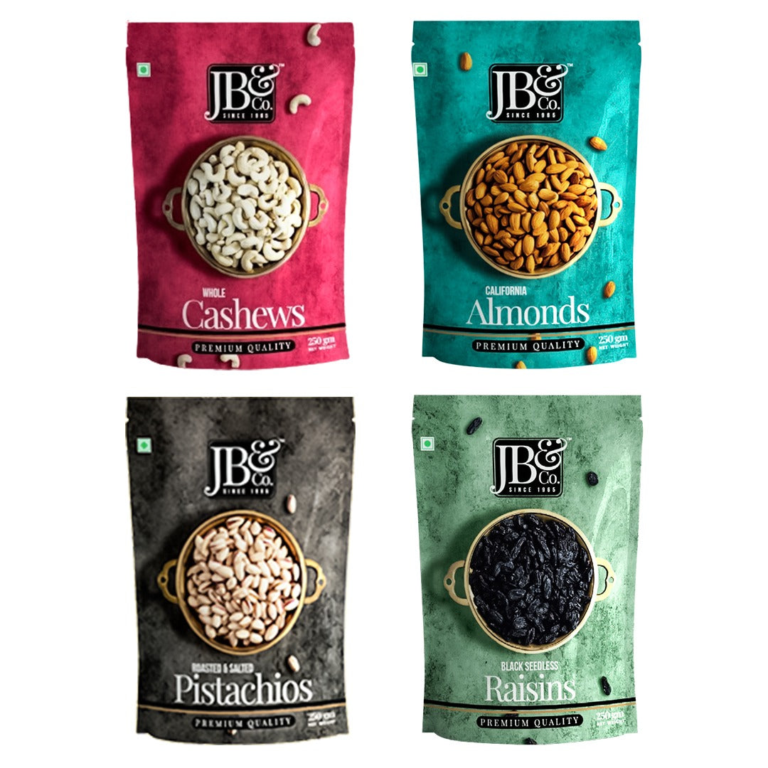 Premium Nutty -Whole Cashews, California Almonds ,Afghan Seedless Black Raisins ,Pistachios | 250g Each