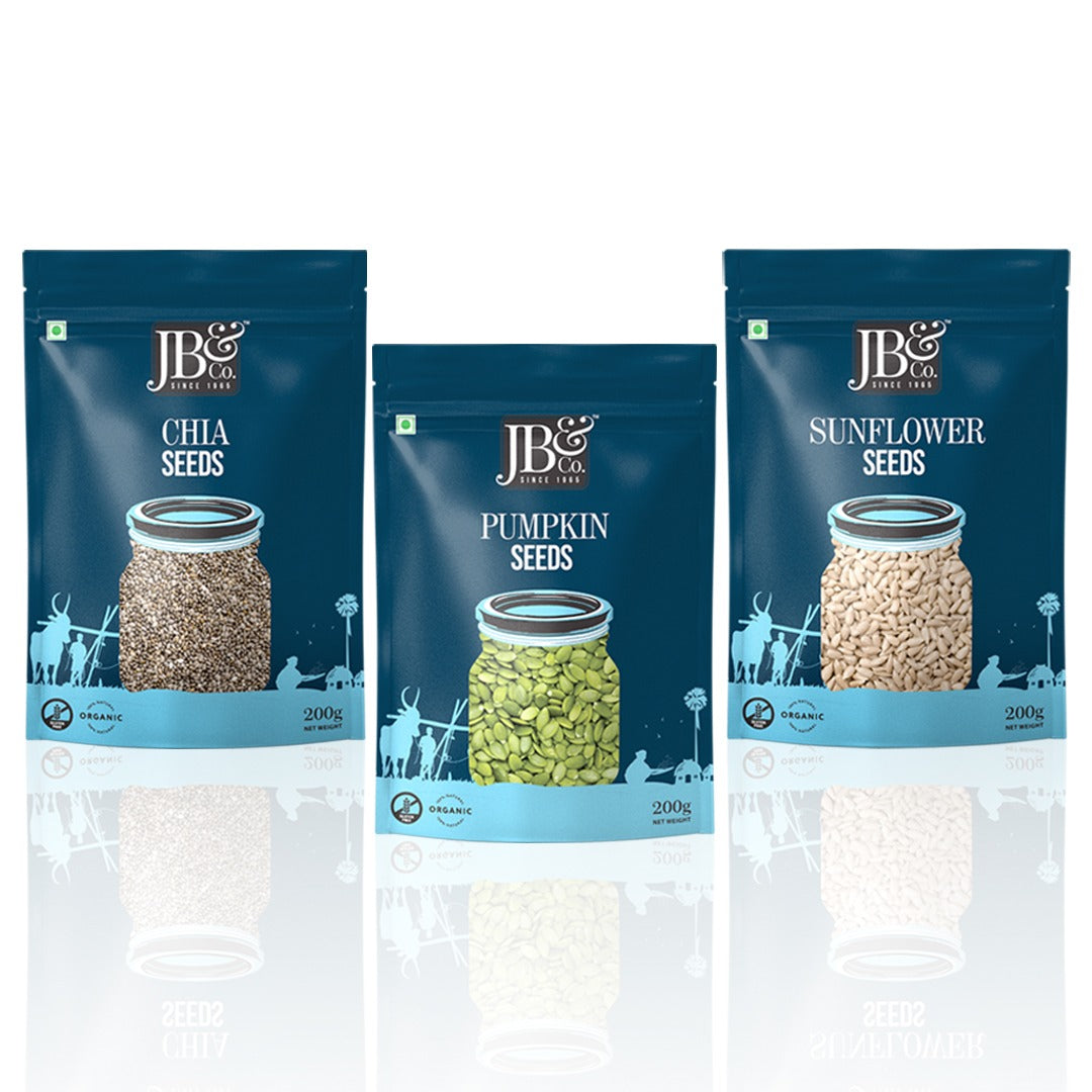 JB&CO Organic seeds combo | Raw sunflower Seeds kernals, Pumpkin seeds, Chia Seeds (200g X 3)